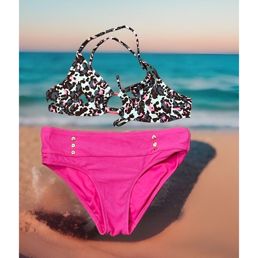 Bikini 2 Piece Swimsuit Cross Back Tie Ring Camo Top Pink Bottoms Small Swimwear